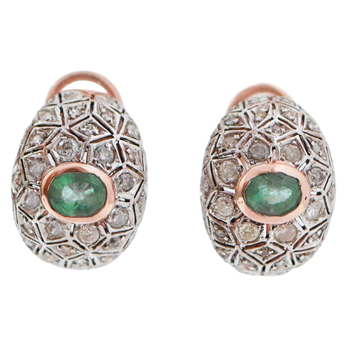 Emeralds, Diamonds, Rose Gold and Silver Earrings.
