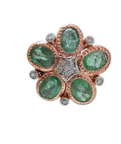 Emeralds, Diamonds, Rose Gold and Silver Flower Earrings.
