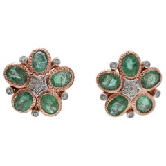 Emeralds, Diamonds, Rose Gold and Silver Flower Earrings.