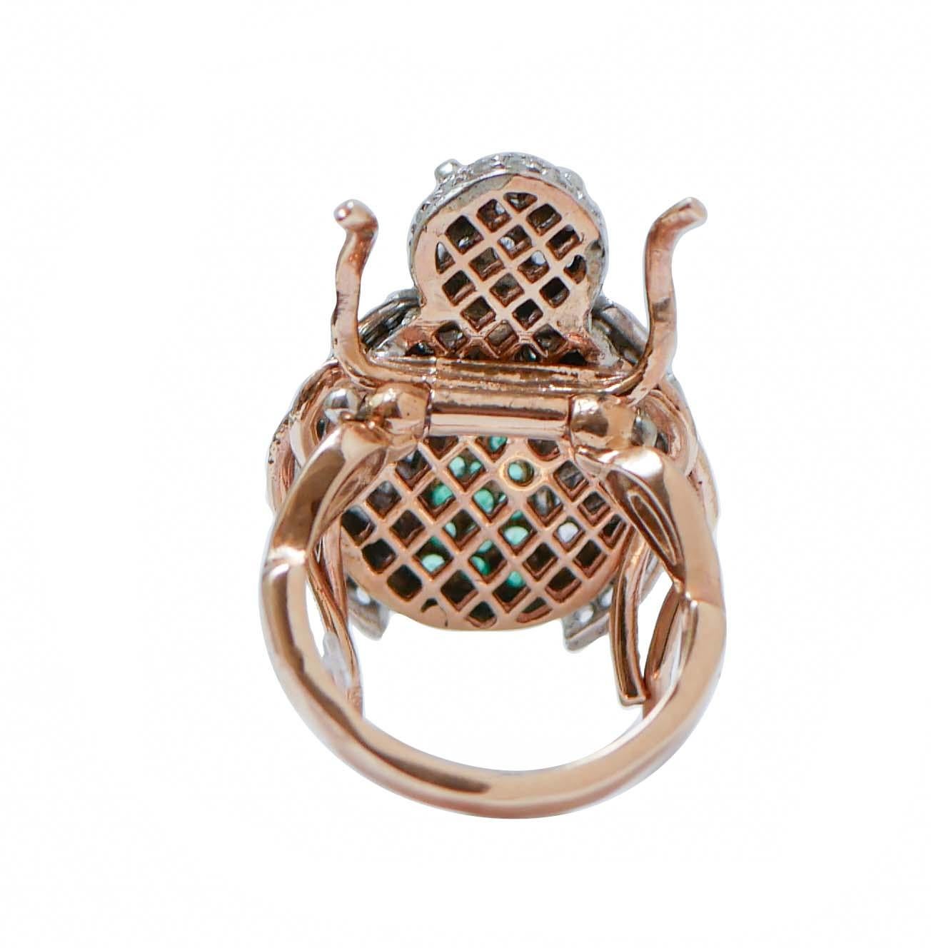 Retro Emeralds, Diamonds, Rose Gold and Silver Ladybug Shape Ring