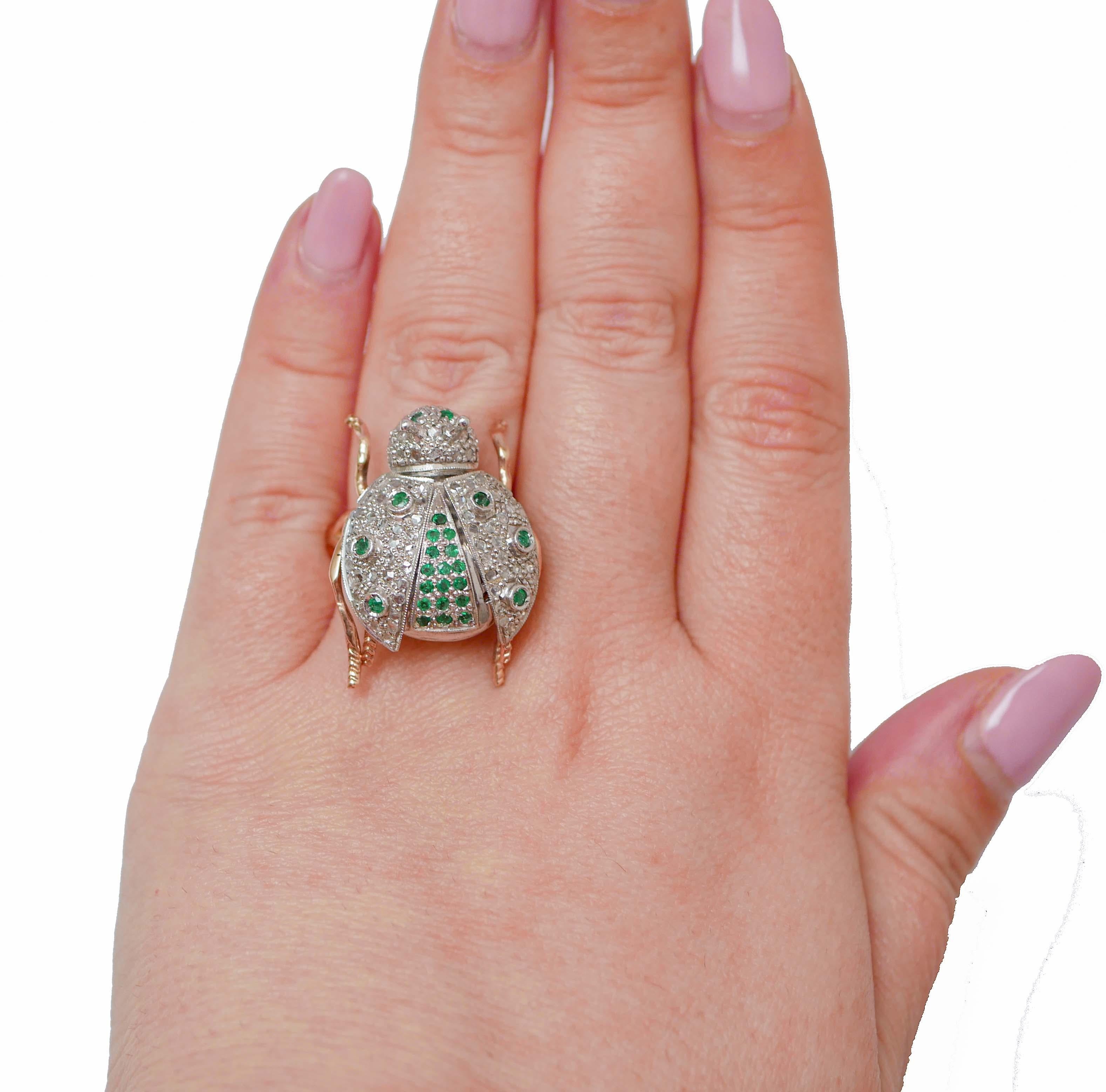 Mixed Cut Emeralds, Diamonds, Rose Gold and Silver Ladybug Shape Ring