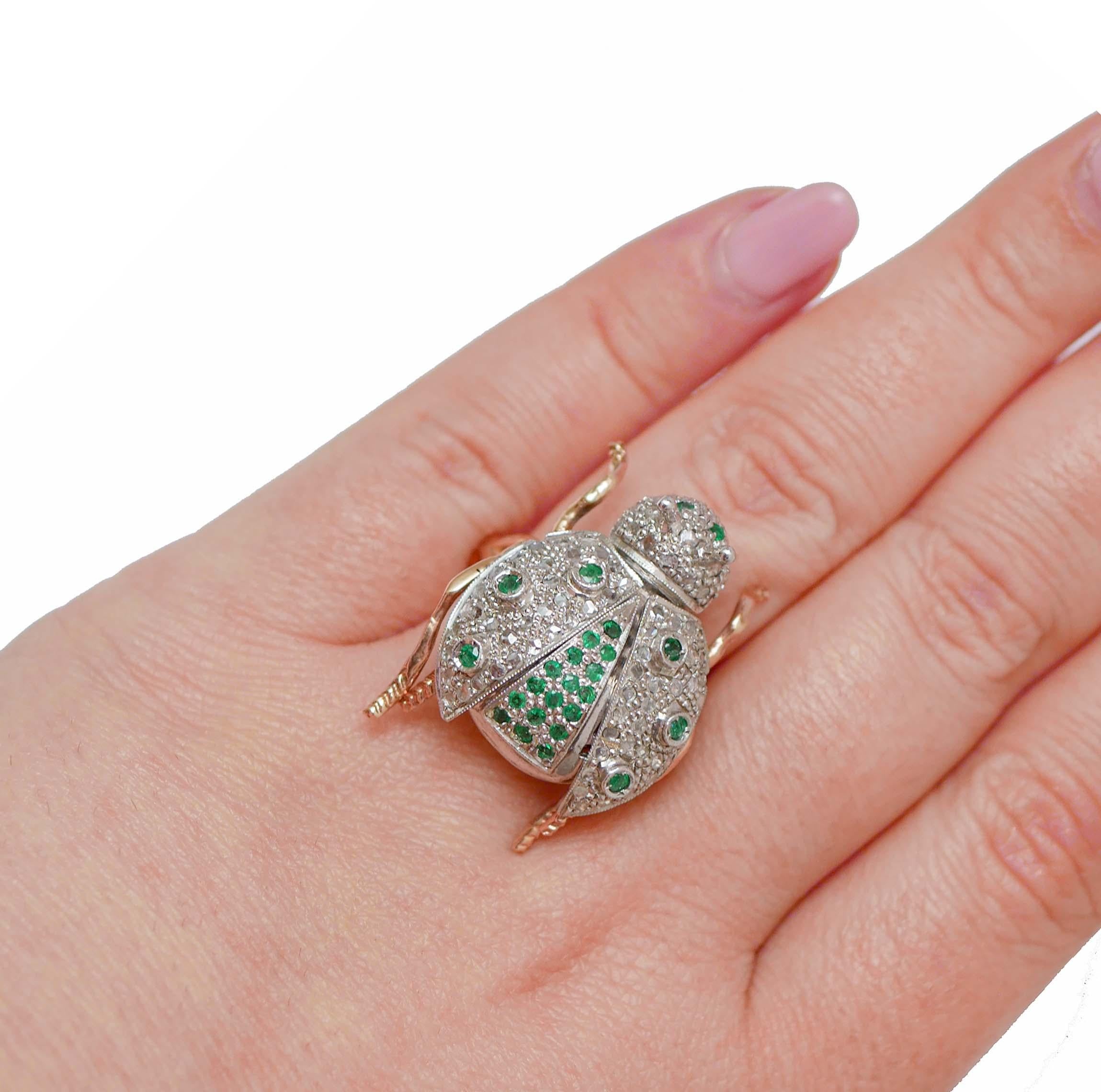 Emeralds, Diamonds, Rose Gold and Silver Ladybug Shape Ring In Good Condition In Marcianise, Marcianise (CE)