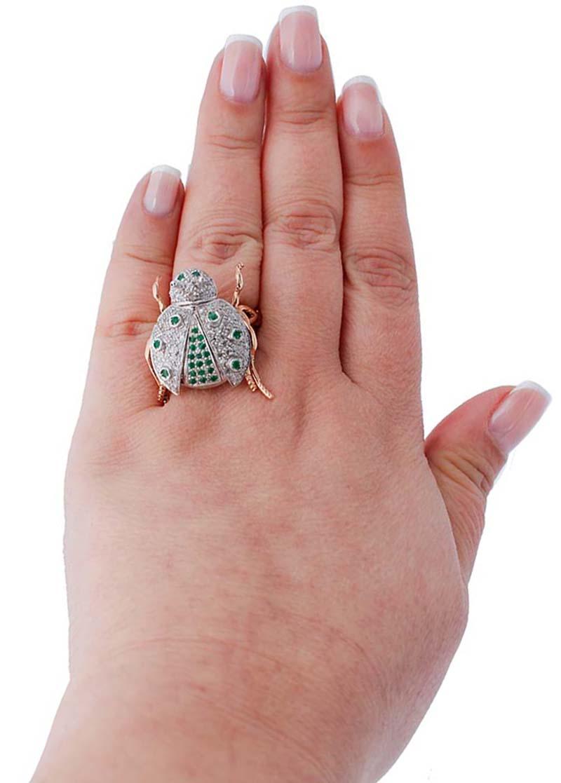 Mixed Cut Emeralds, Diamonds, Rose Gold and Silver Ladybug Shape Ring For Sale