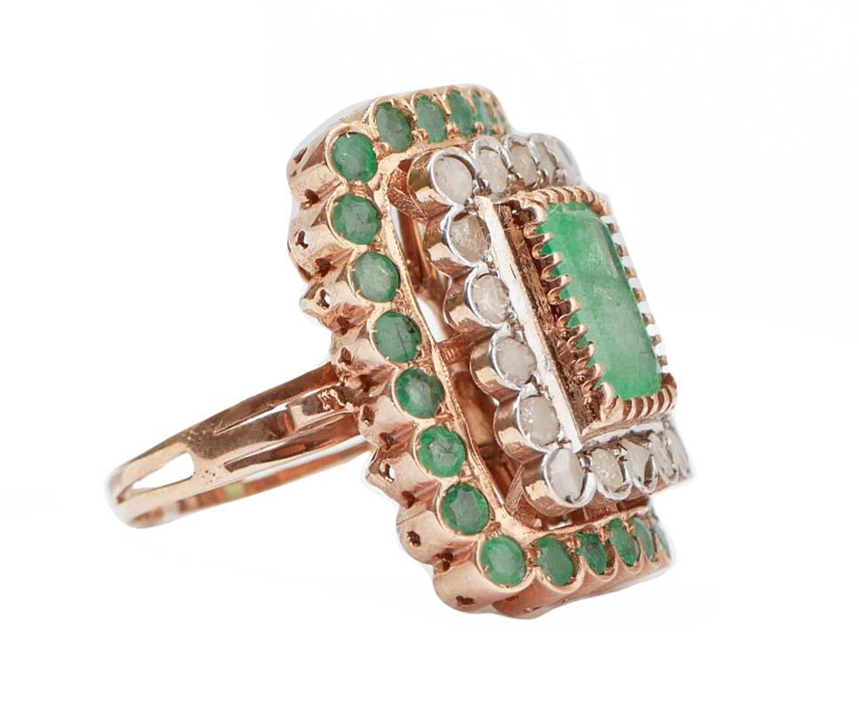 Amazing ring in 9 kt rose gold and silver structure mounted with a central emerald surrounded by diamonds and emeralds.
This ring was totally handmade by Italian master goldsmiths and it is in perfect conditions.
Diamonds 1.04 ct
Emeralds 6.04