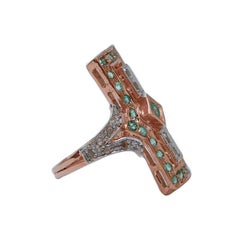 Emeralds, Diamonds, Rose Gold and Silver Ring.