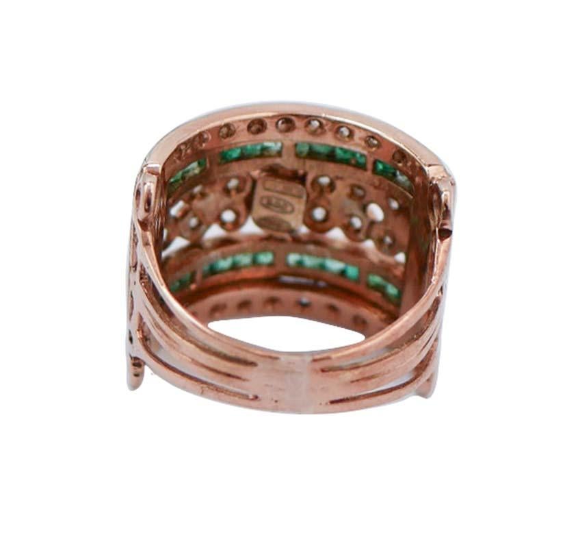 Anillo de Esmeraldas, Diamantes, Oro Rosa y Plata. Retro en venta