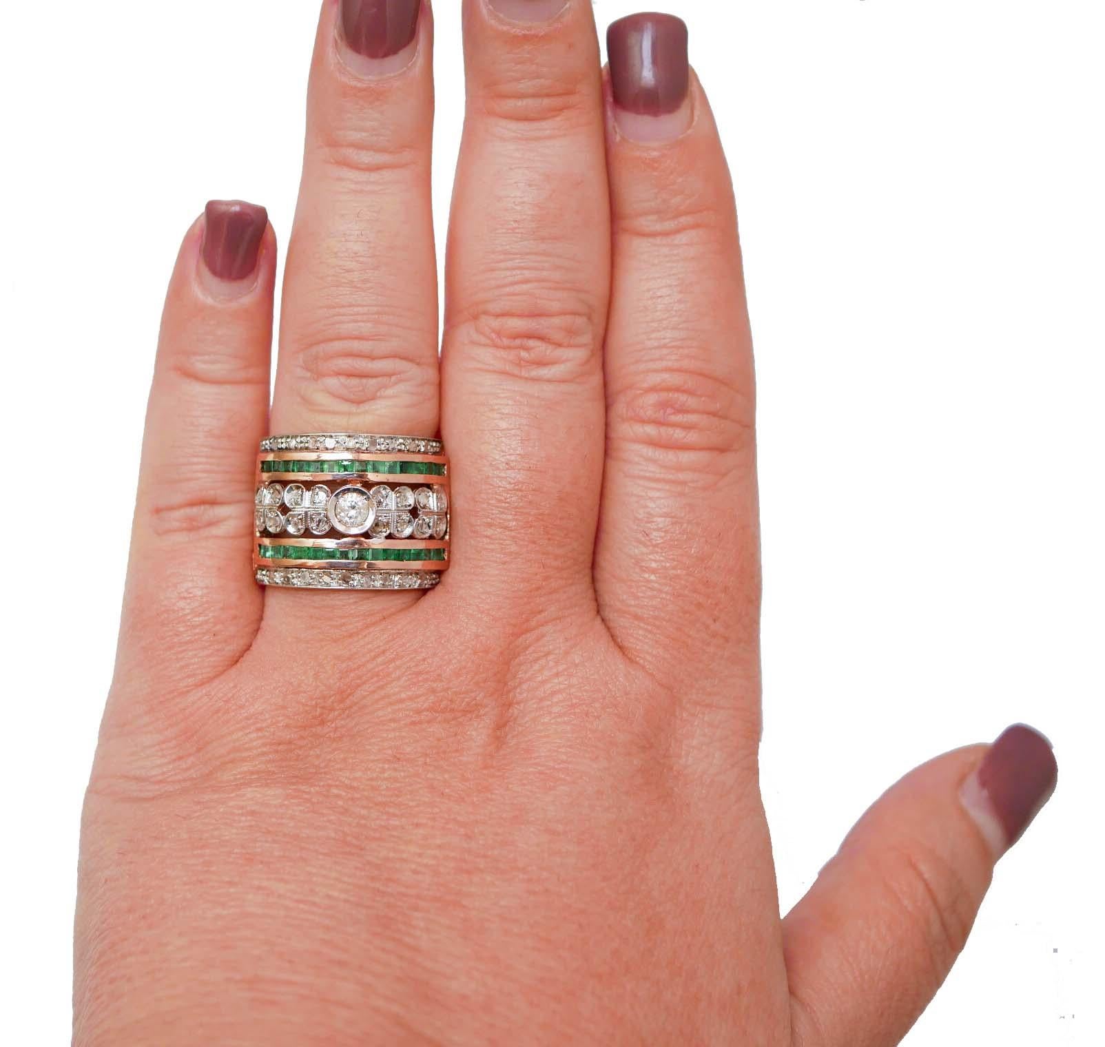 Anillo de Esmeraldas, Diamantes, Oro Rosa y Plata. Corte mixto en venta