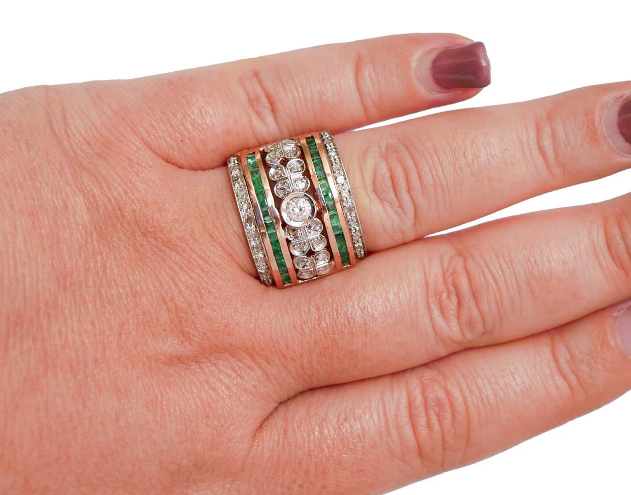 Anillo de Esmeraldas, Diamantes, Oro Rosa y Plata. en Bueno estado para la venta en Marcianise, Marcianise (CE)