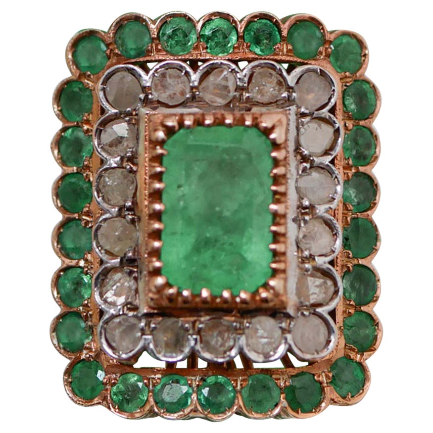 Emeralds, Diamonds, Rose Gold and Silver Ring.