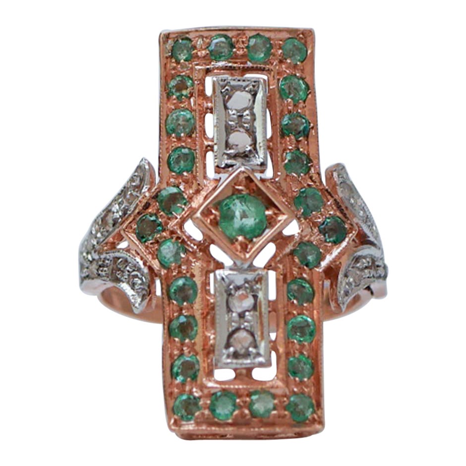 Emeralds, Diamonds, Rose Gold and Silver Ring. For Sale