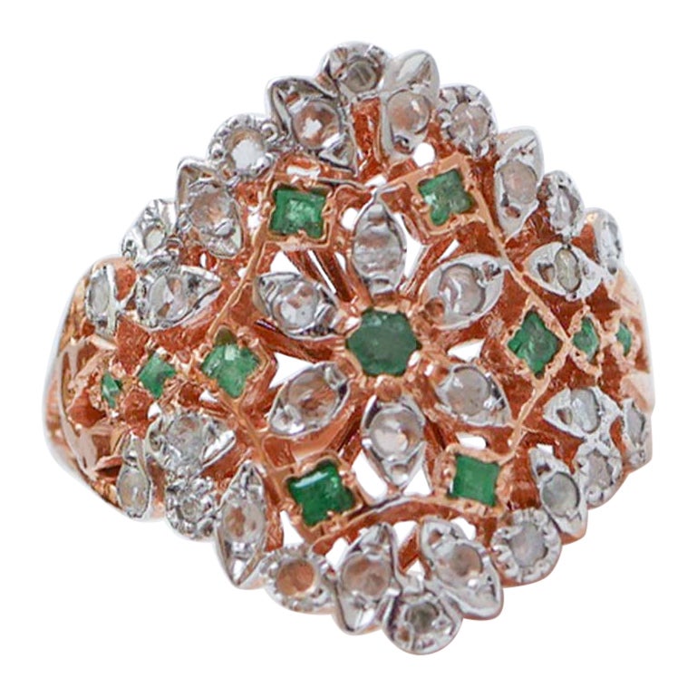 Emeralds, Diamonds, Rose Gold and Silver Ring. For Sale