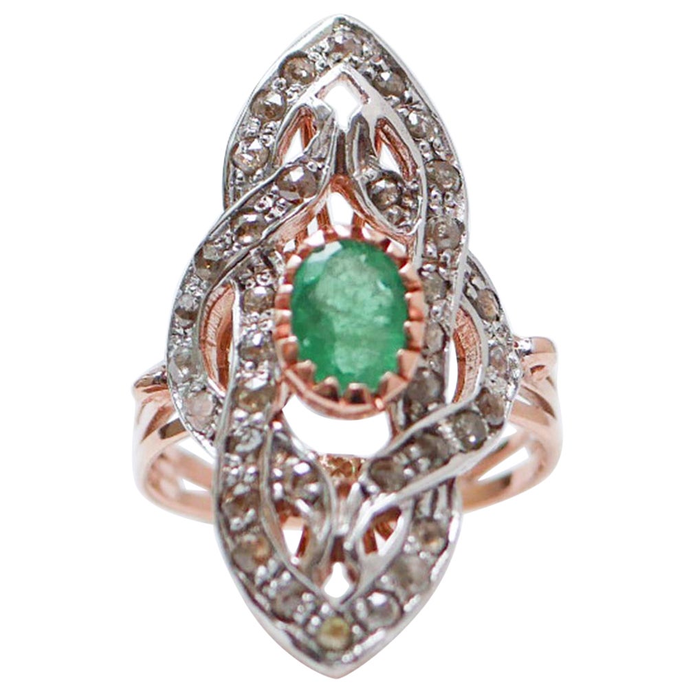 Emeralds, Diamonds, Rose Gold and Silver Ring.