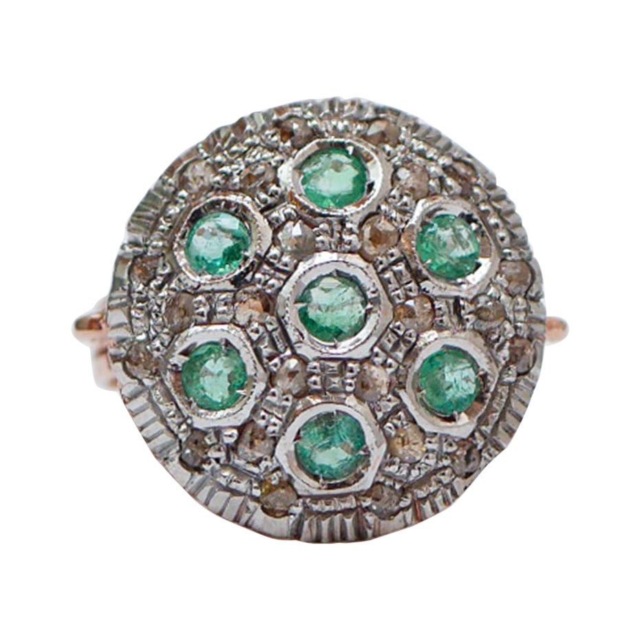 Emeralds, Diamonds, Rose Gold and Silver Ring. For Sale