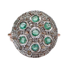 Emeralds, Diamonds, Rose Gold and Silver Ring.