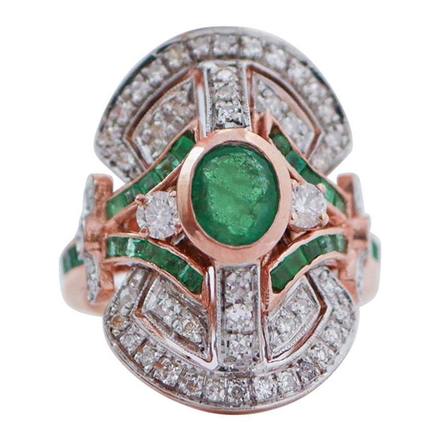 Emeralds, Diamonds, Rose Gold and Silver Ring.