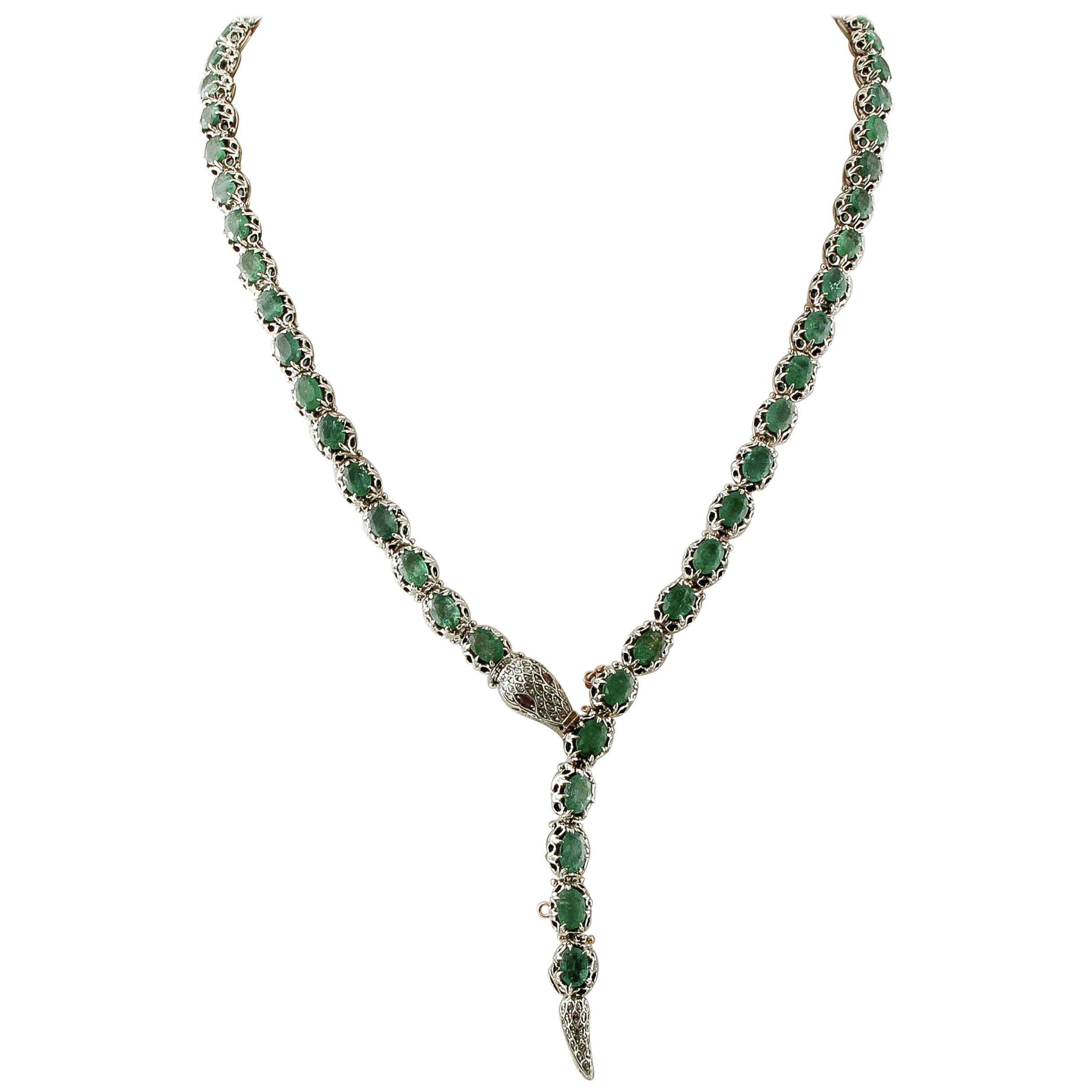 Emeralds, Diamonds, Rubies, 9 Karat Yellow Gold and Silver Retro Snake Necklace 