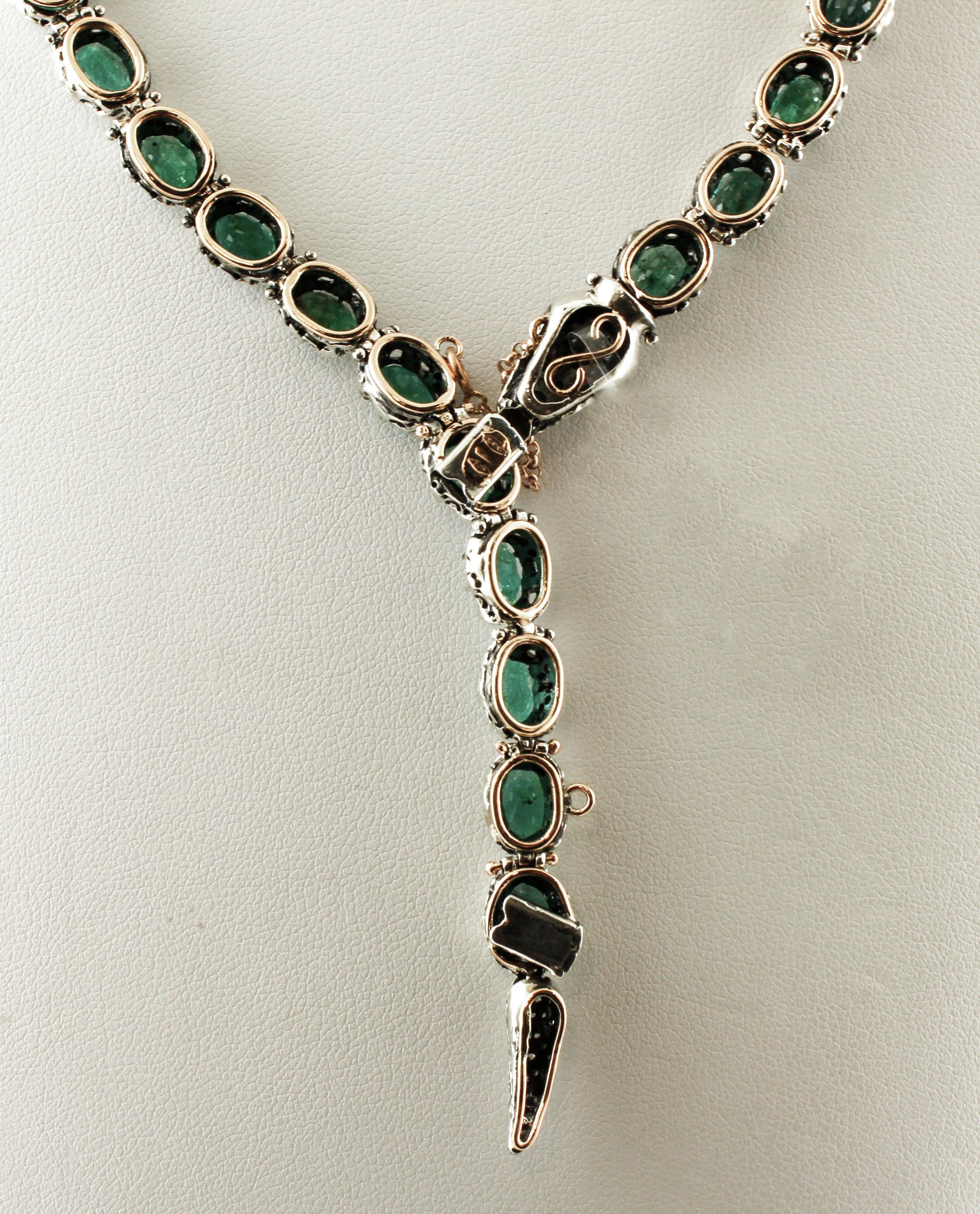 Mixed Cut Emeralds, Diamonds, Rubies, 9 Karat Yellow Gold and Silver Retro Snake Necklace 
