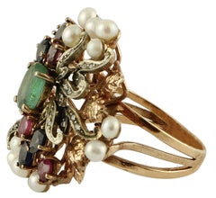 Emeralds Diamonds Rubies Blue Sapphires Pearls 9 Karat Rose Gold and Silver Ring