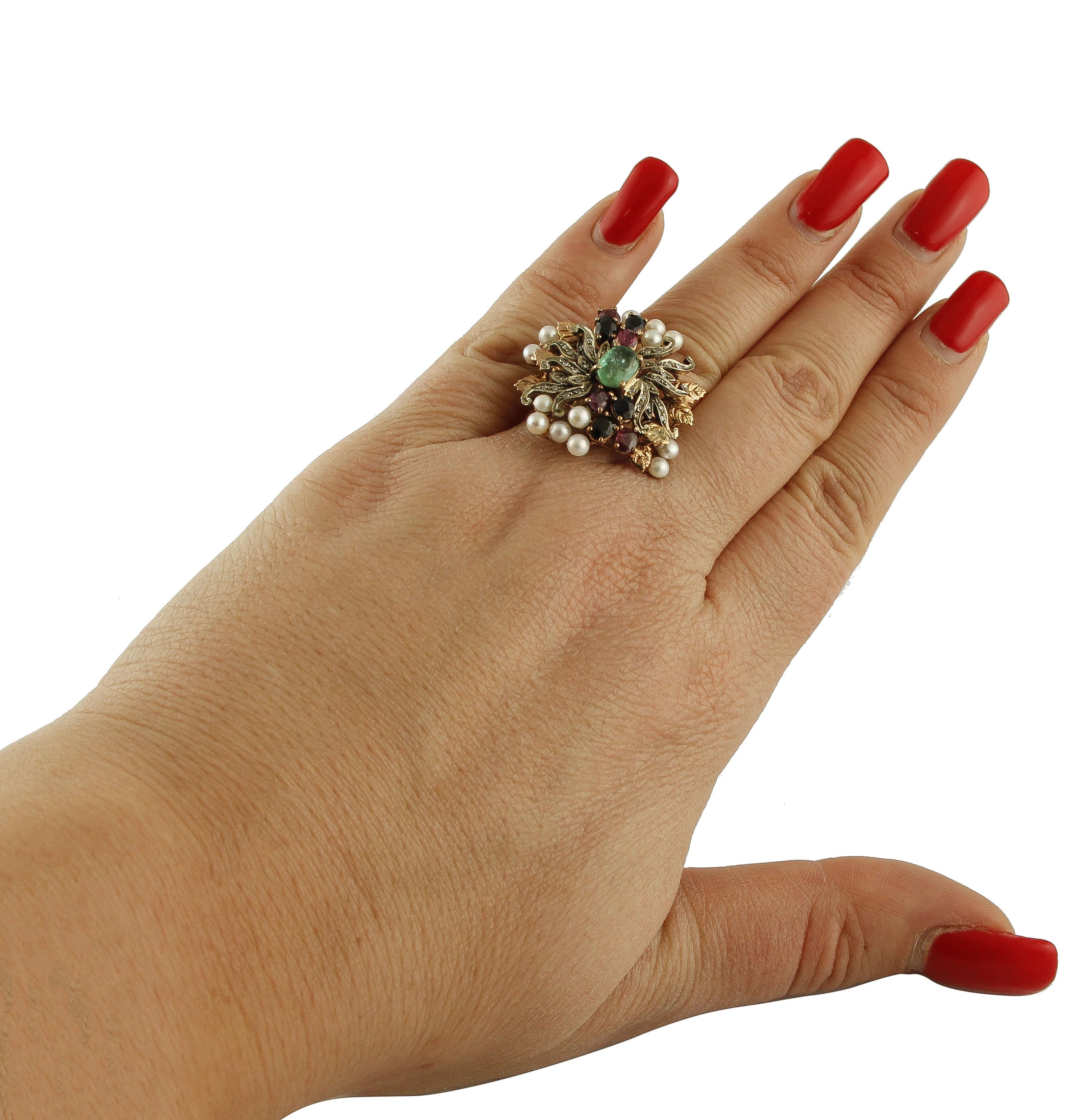 Women's Emeralds Diamonds Rubies Blue Sapphires Pearls 9 Karat Rose Gold and Silver Ring