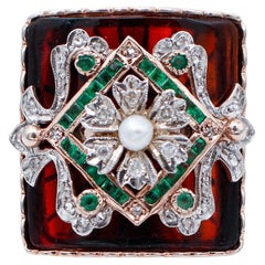 Emeralds, Diamonds, Stone, Pearl, 9 Karat Rose Gold and Silver Retrò Ring