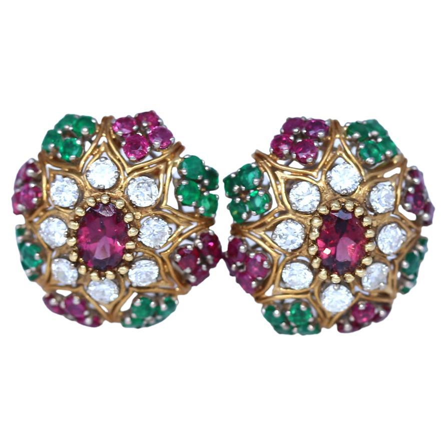 Emeralds Diamonds Tourmaline Clips Earrings 18K Yellow Gold, 1970