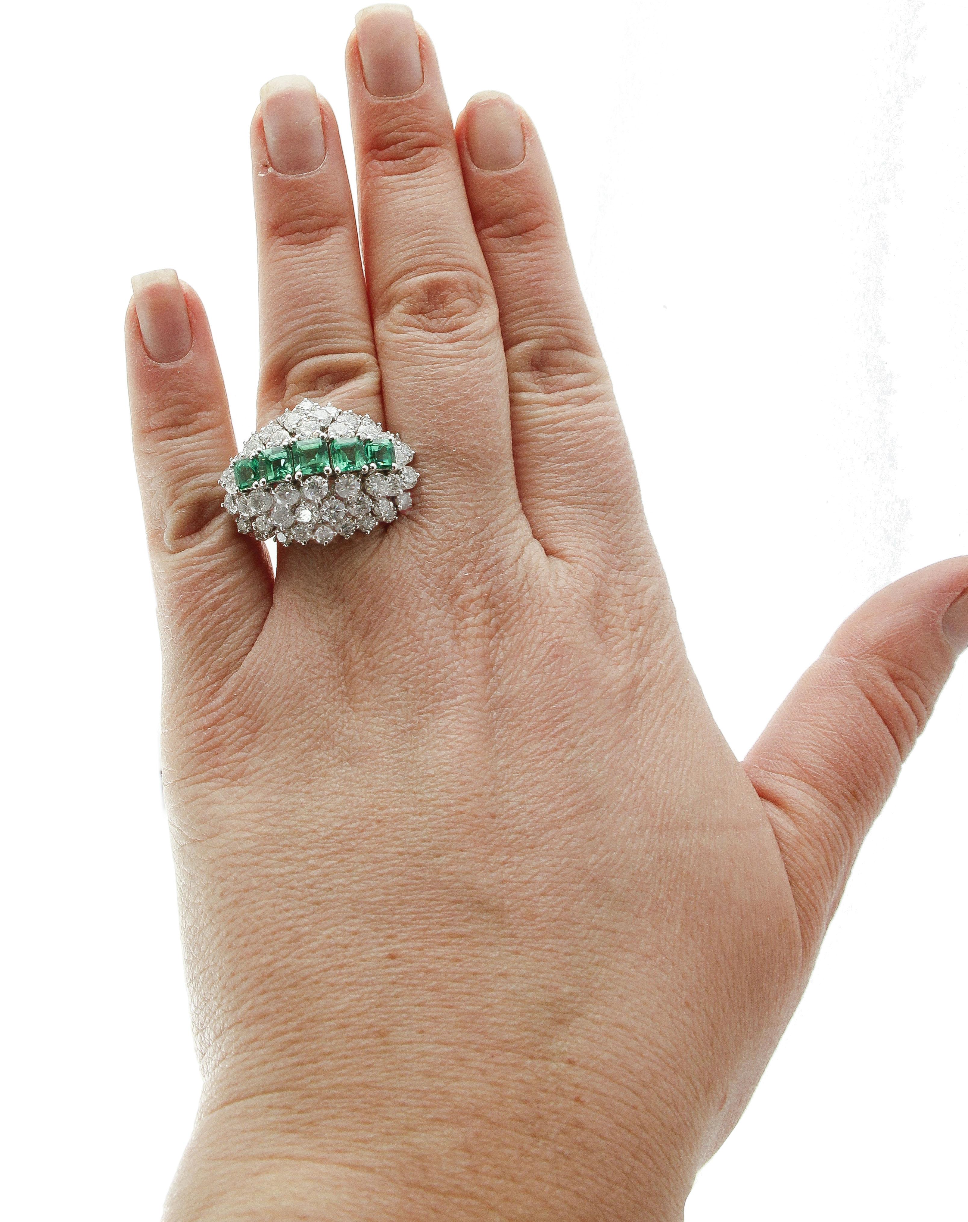 Brilliant Cut Emeralds, Diamonds, White Gold Fashion Ring For Sale