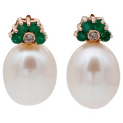 Emeralds, Diamonds, White Pearls, 14 Karat Rose Gold Drop Earrings