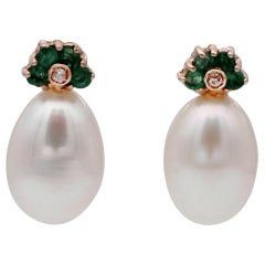 Emeralds, Diamonds, White Pearls, 14 Karat Rose Gold Drop Earrings