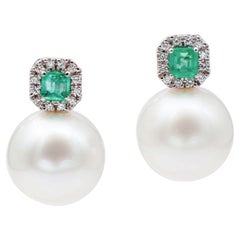 Emeralds, Diamonds, White Pearls, 18 Karat White Gold Earrings