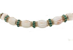 Emeralds, Engraved Pink Corals, 14k Rose Gold Retrò Link Bracelet