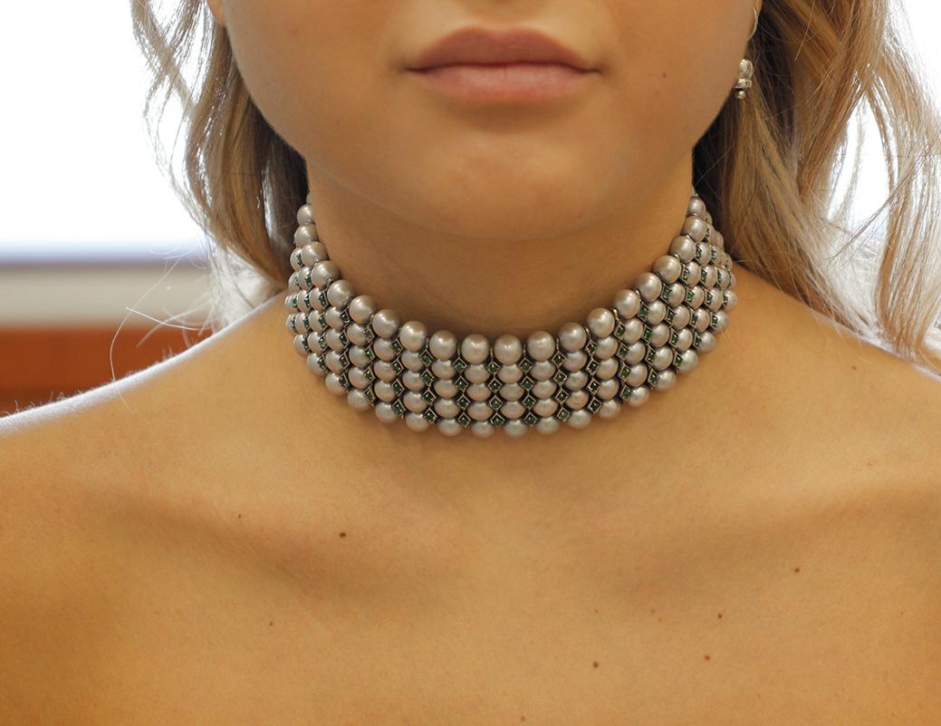Emeralds, Grey Pearls, 9 Karat Rose Gold and Silver Beaded Choker Necklace 1