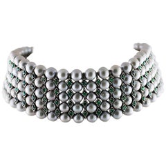 Smaragde:: graue Perlen:: 9 Karat Roségold und Silber Perlenhalskette