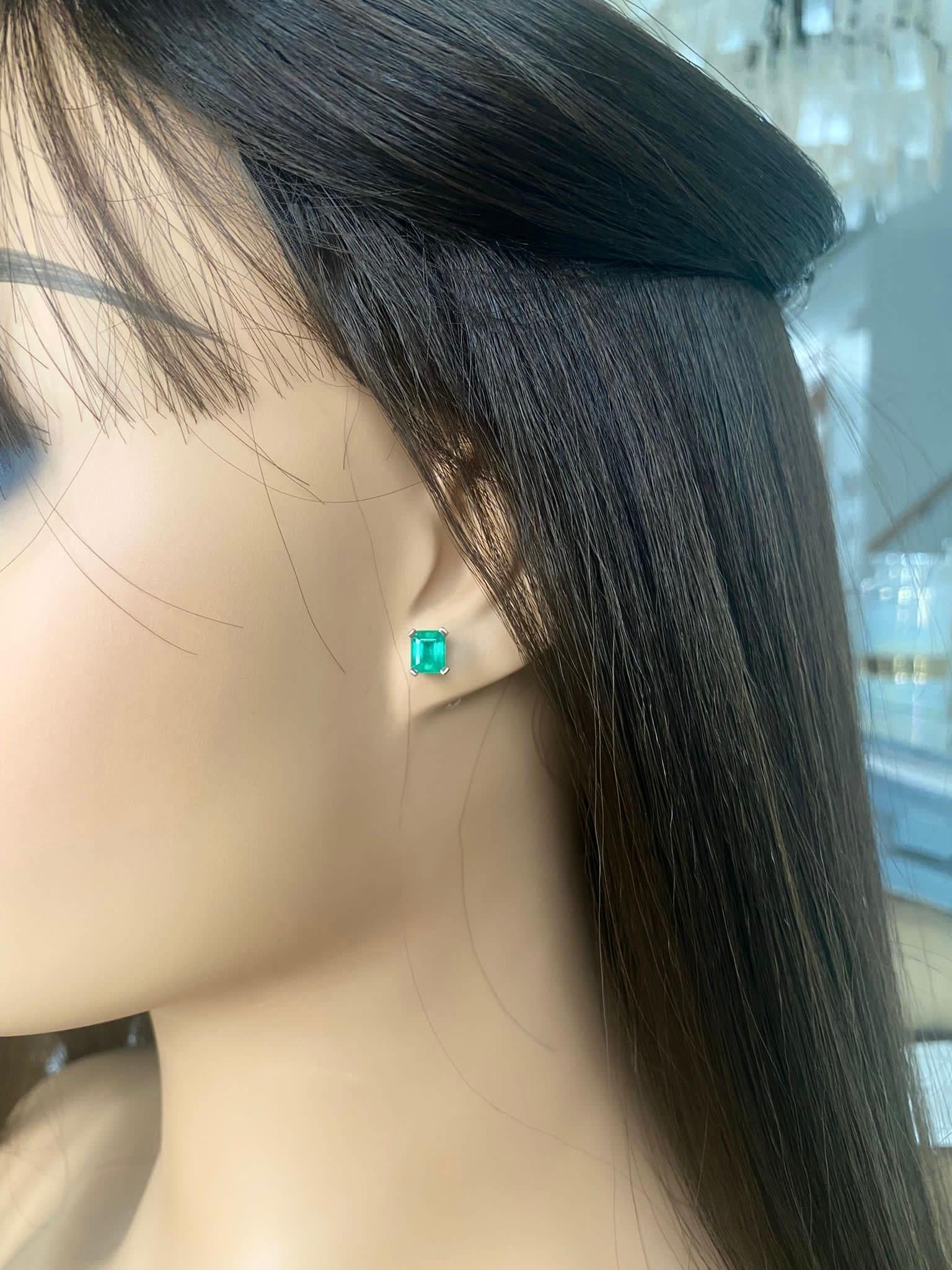 Emerald Cut Emeralds Maravellous 2.09 Carat Fine Colombian Emerald Stud Earrings 18K For Sale