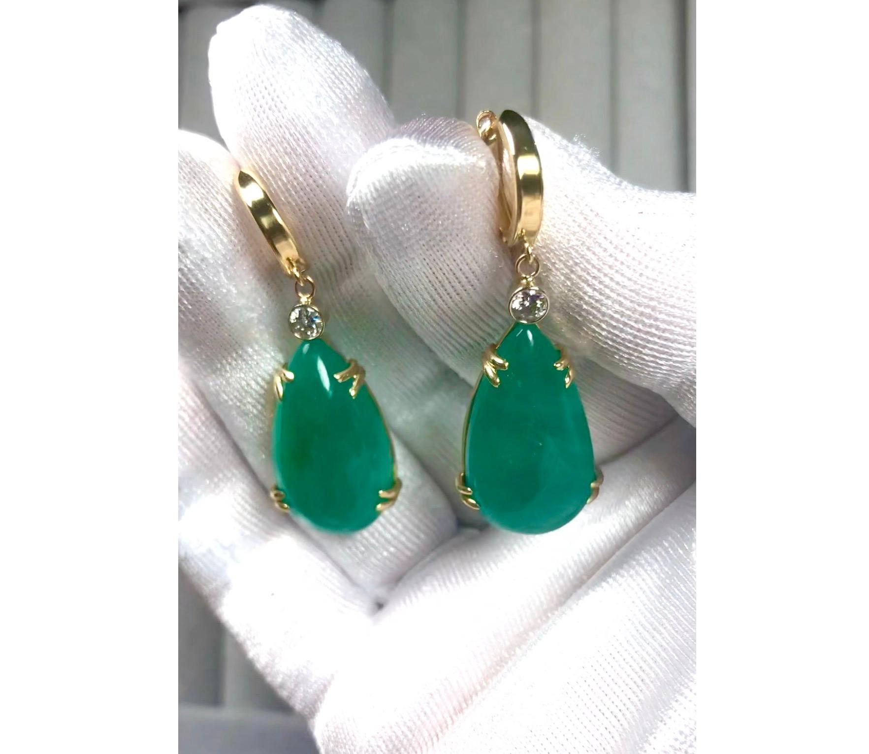 Pear Cut Emeralds Maravellous 36 Carat Certified Colombian Emerald Diamond Drop Earrings For Sale