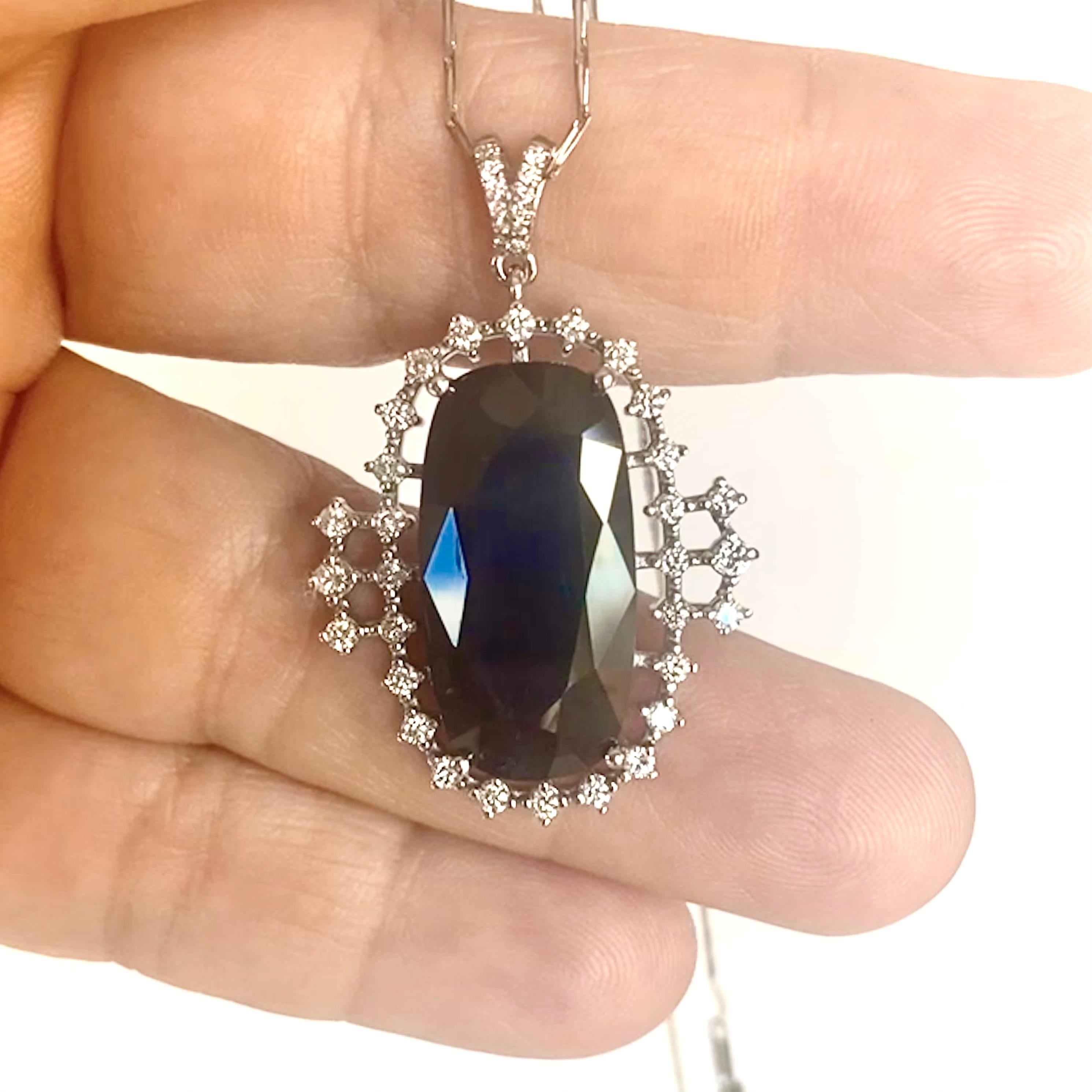 Emeralds Maravellous Antique Cut Midnight Blue Sapphire Diamond Drop Pendant For Sale 2