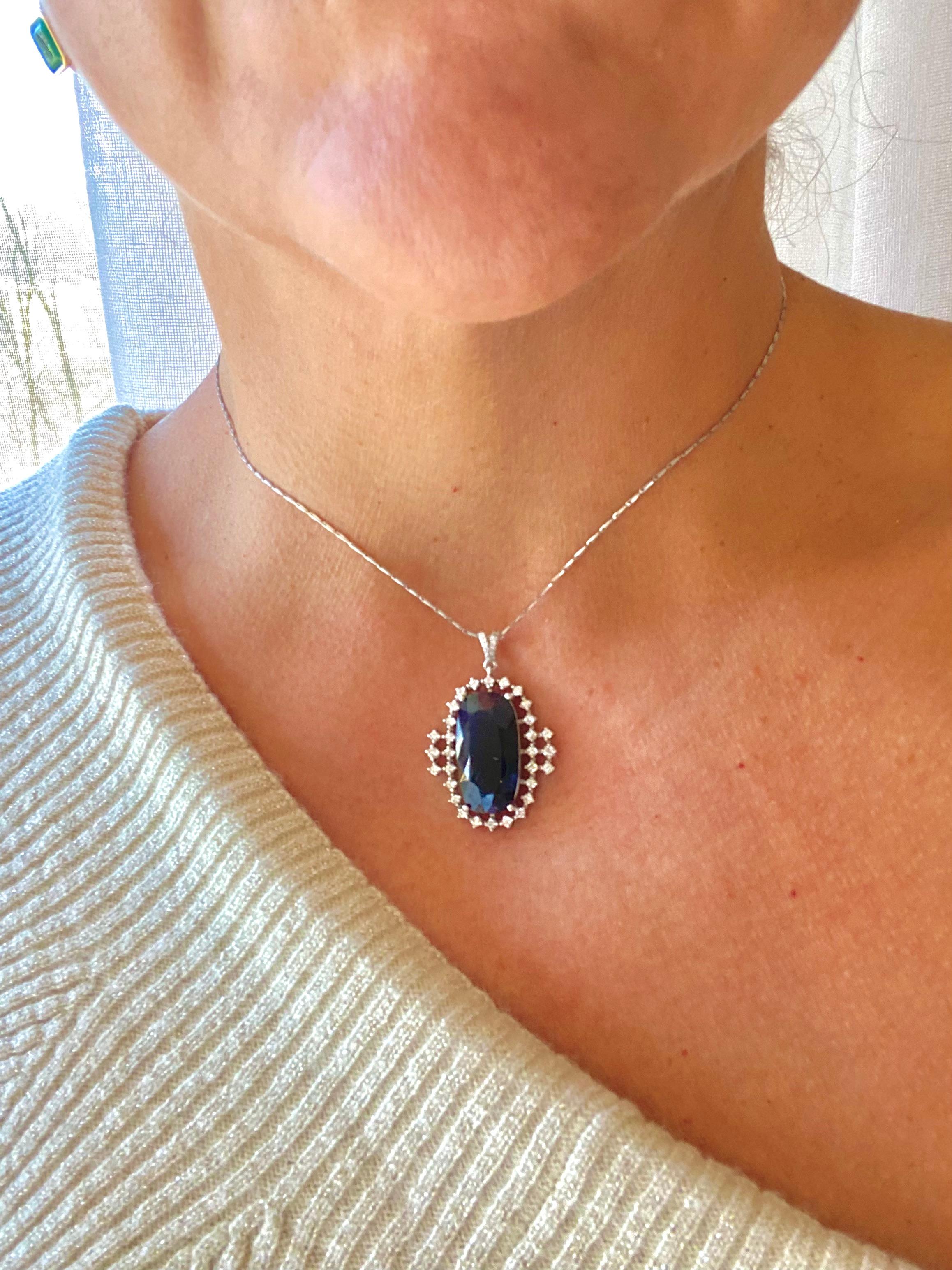 Emeralds Maravellous Antique Cut Midnight Blue Sapphire Diamond Drop Pendant For Sale 4