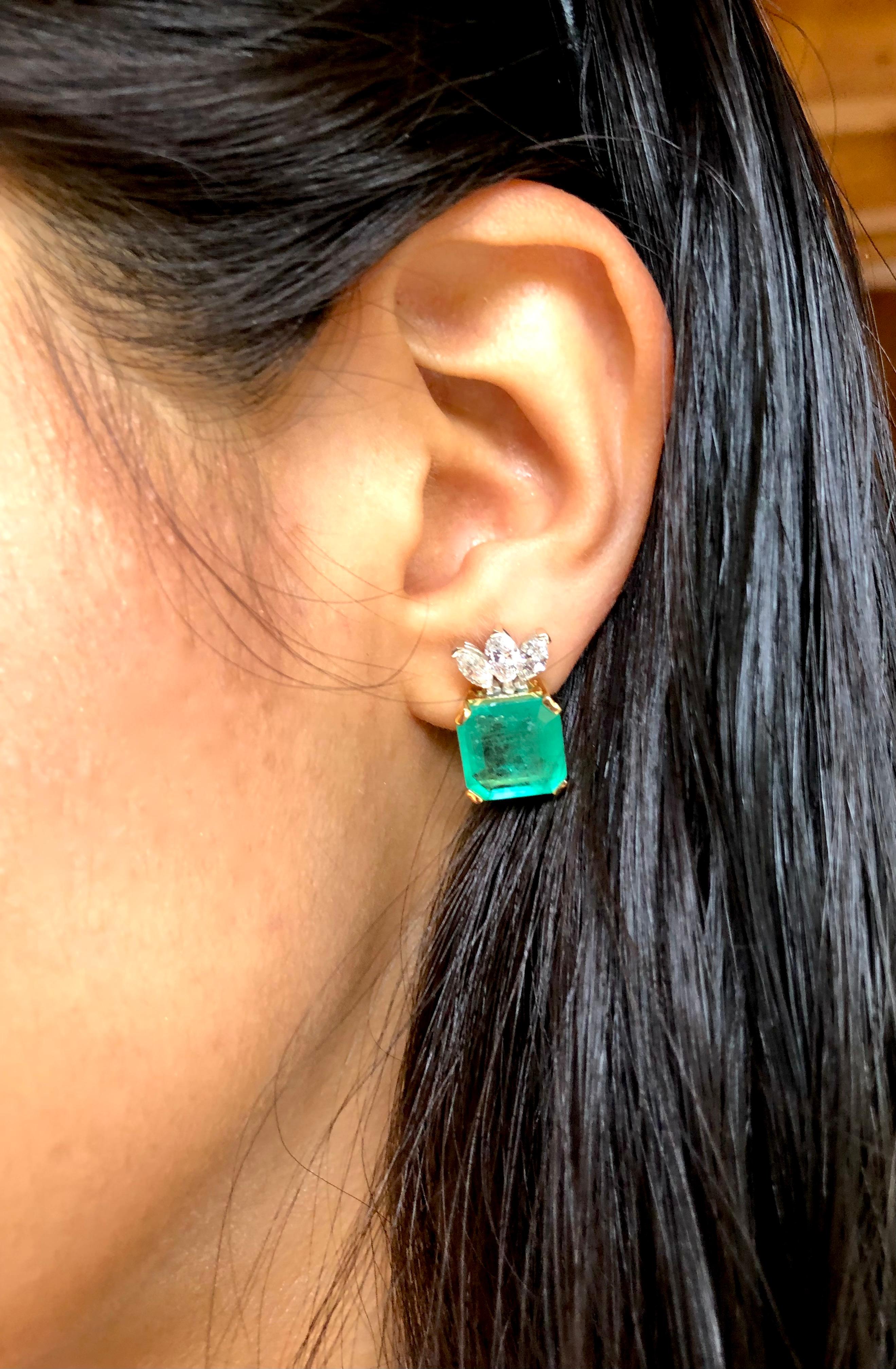 CDTEC Certified 12.20 carats total weight square natural Colombian emerald and diamonds Earrings in 18k yellow/white gold. Emerald cut natural Colombian emeralds, medium green, with visible natural inclusions. (Natural emeralds are commonly