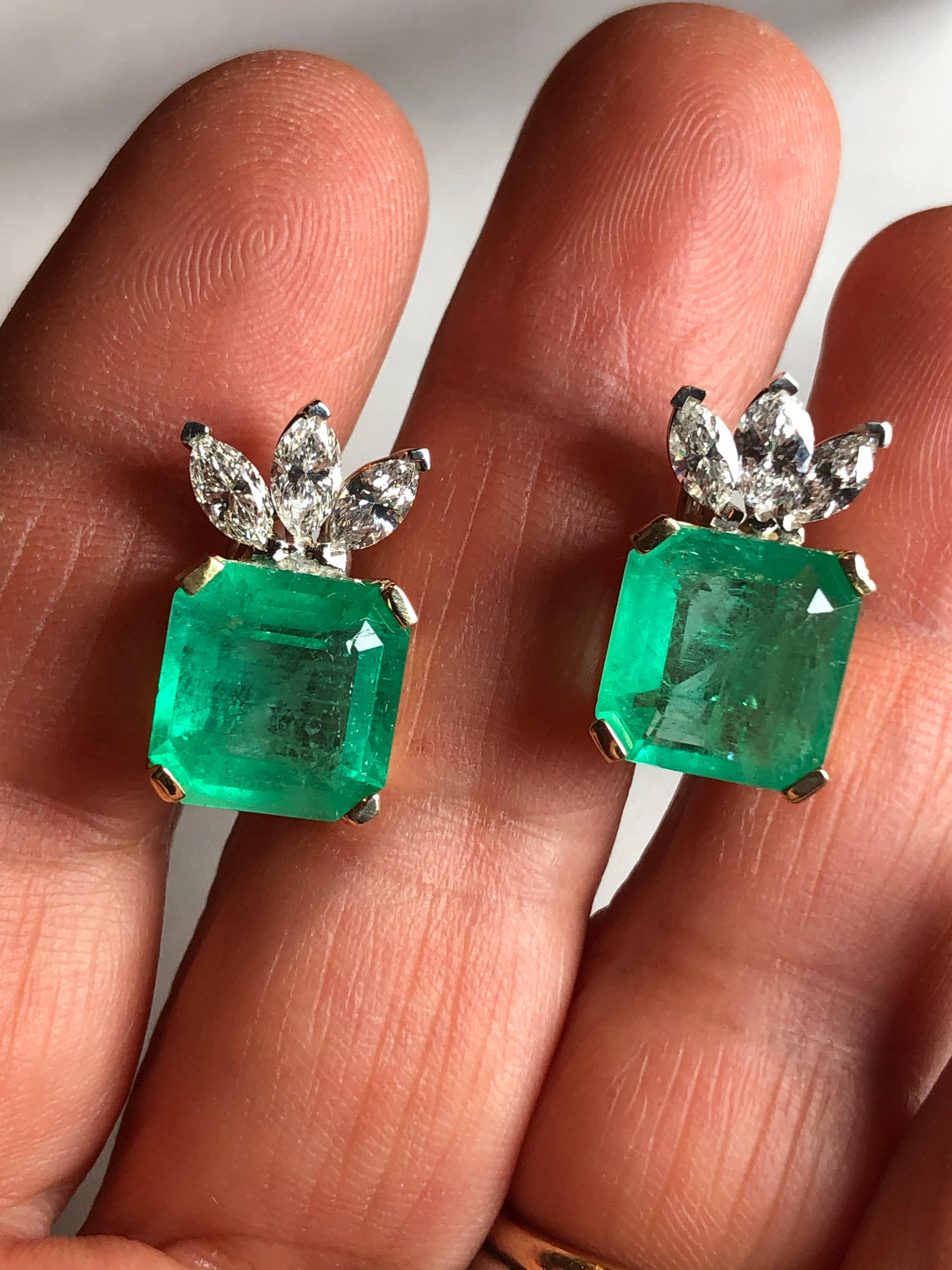 Contemporary Certified Square Colombian Emerald Diamond Earrings 12.20 Carat