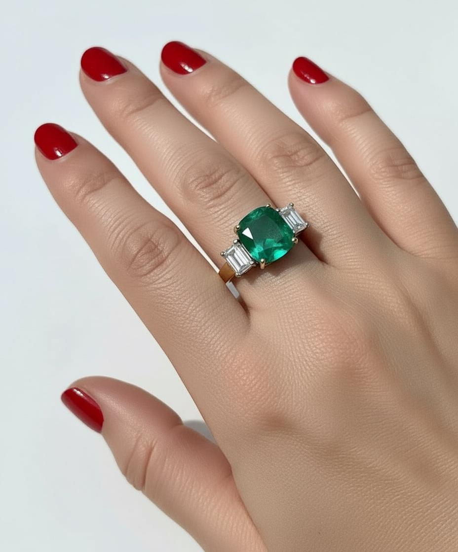 Taille coussin Magnifique bague en or 18 carats avec diamants et émeraudes de Colombie taille coussin de qualité naturelle en vente