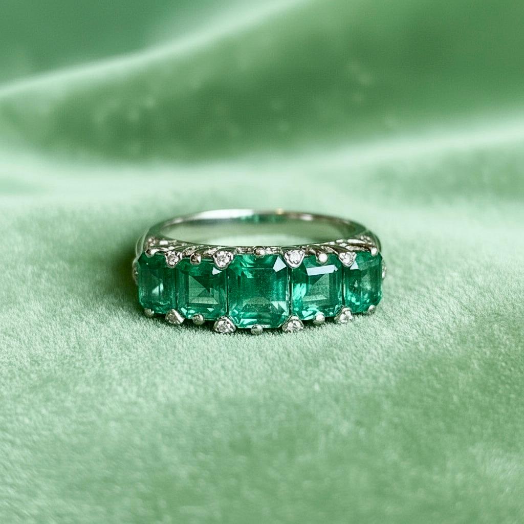Emeralds Maravellous Fünf Stein kolumbianischen Smaragd viktorianischen Stil Ring 18K im Angebot 6