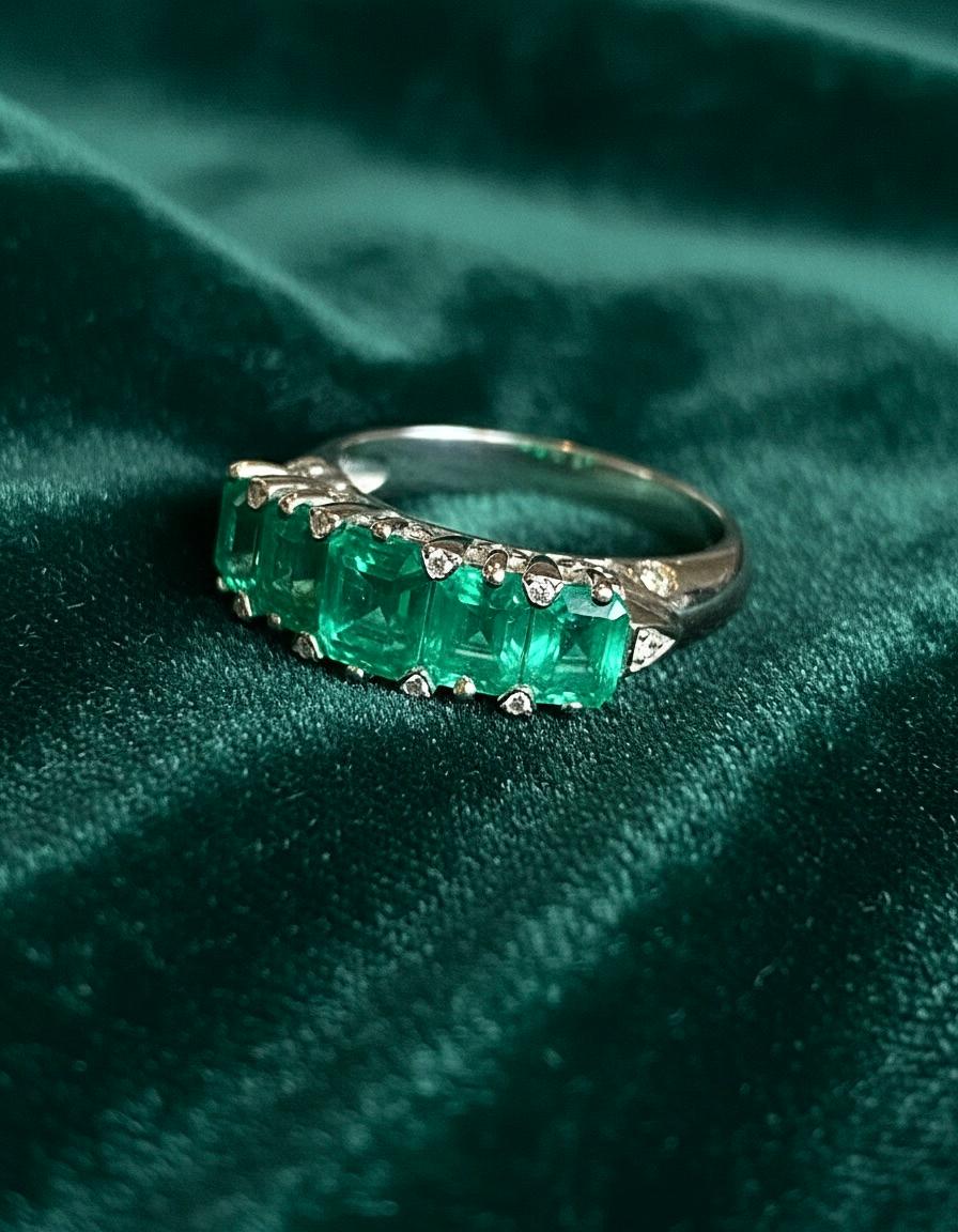 Emeralds Maravellous Fünf Stein kolumbianischen Smaragd viktorianischen Stil Ring 18K im Angebot 1
