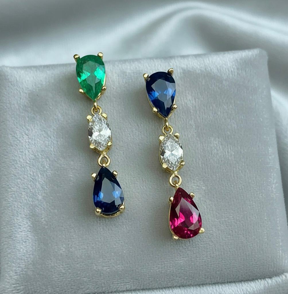 Boucles d'oreilles Emeralds Maravellous Vivid Natural Emerald Ruby Sapphire Diamond Drop Ears Pour femmes en vente