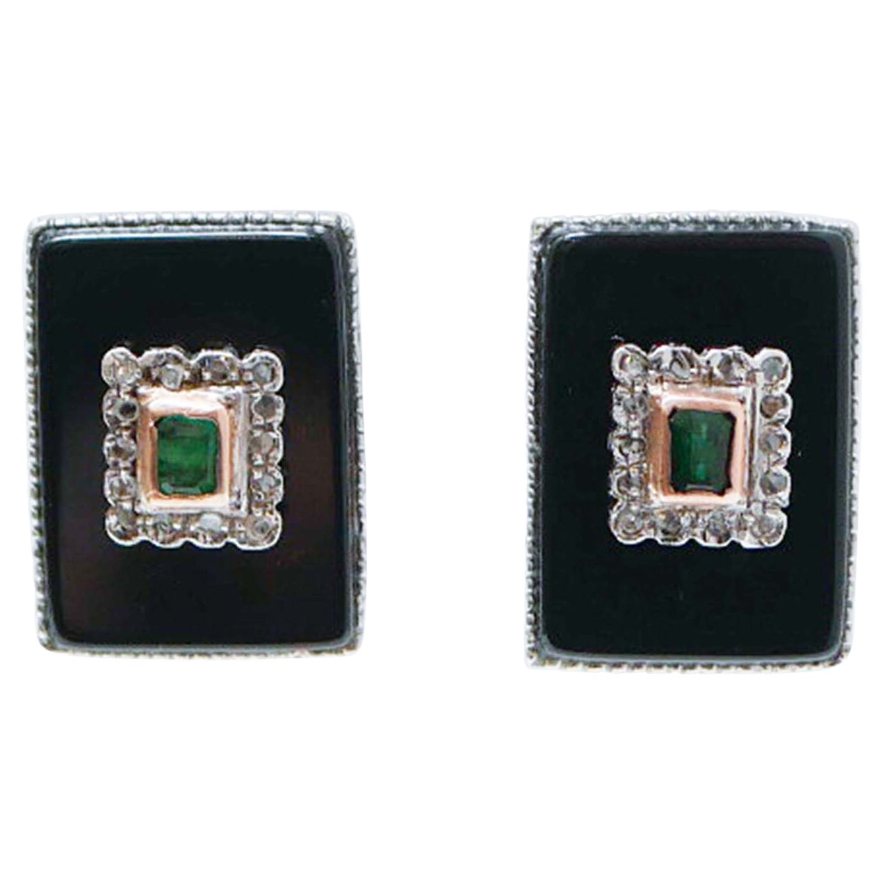 Emeralds, Onyx, Diamonds, Rose Gold and Silver Earrings. For Sale