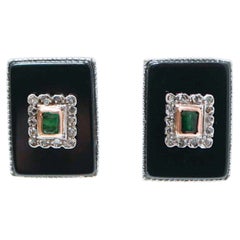 Emeralds, Onyx, Diamonds, Rose Gold and Silver Earrings.