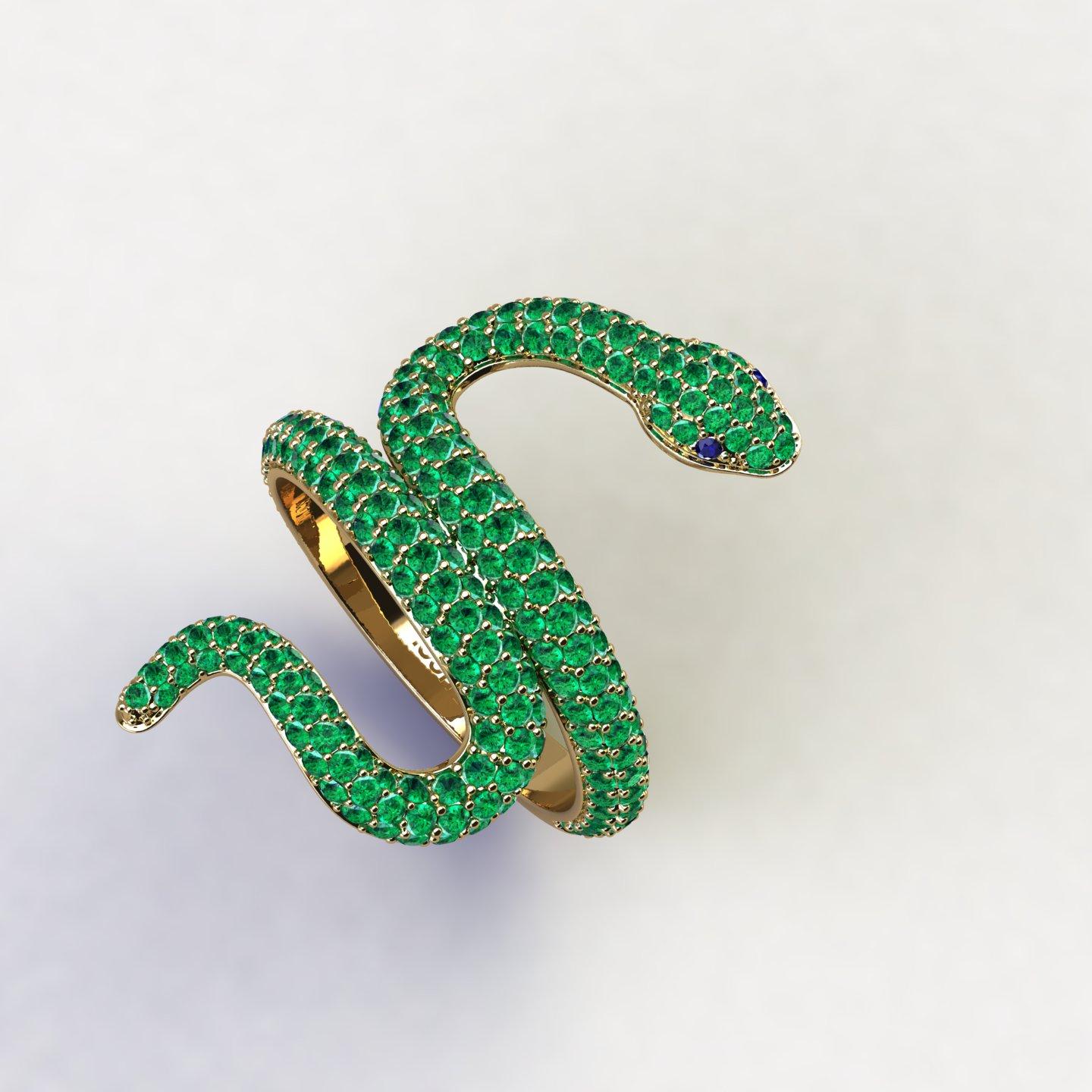 Emeralds Pave' Snake 14k Yellow Gold Ring, bright green hand picked emeralds, for an approximate 1.35 carats, made in 14k Yellow gold to help the slim design, to have more robustness.
Made to order in your finger size, due to the fitting in relation