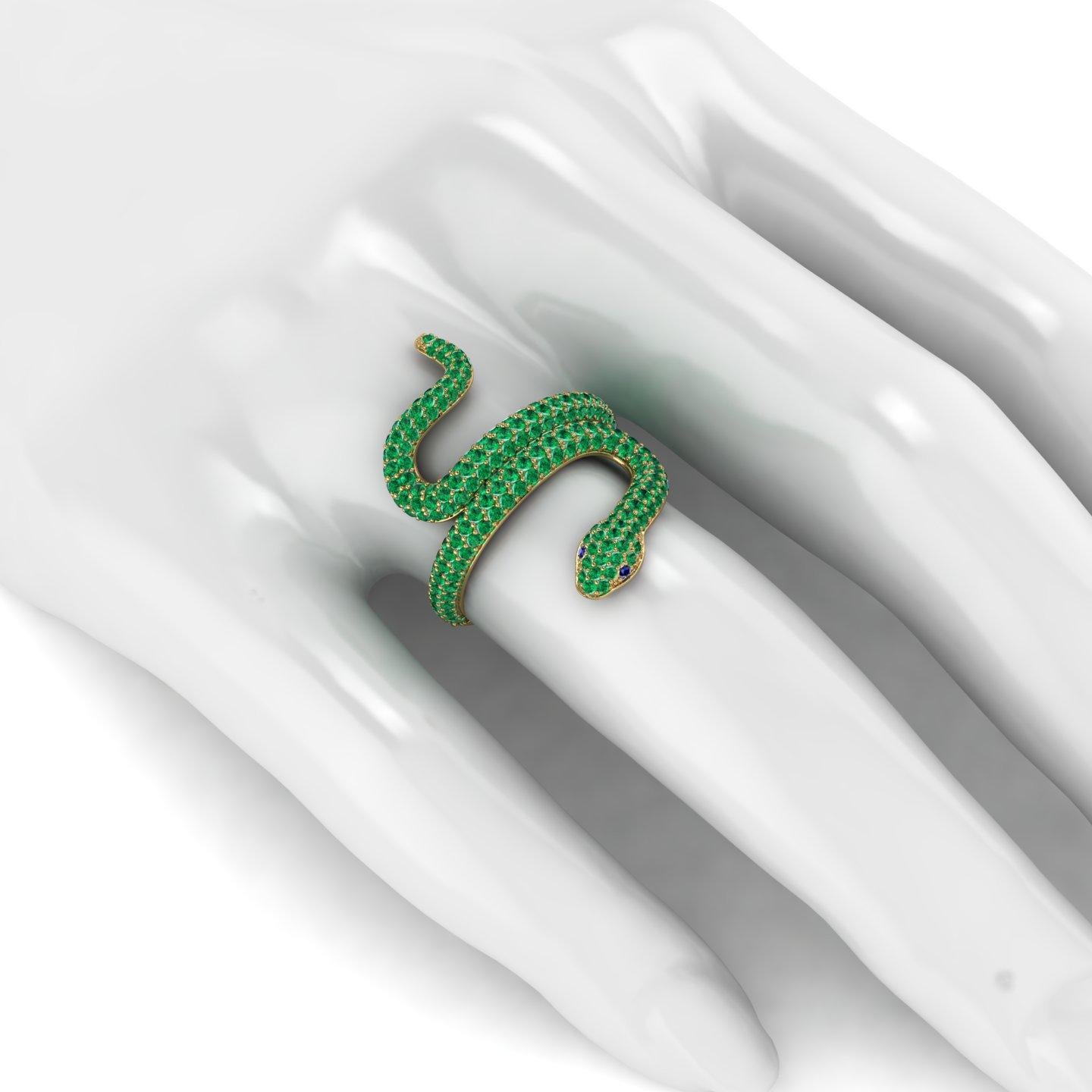Round Cut 1.35ct Emeralds Pave' Snake 14k Yellow Gold Ring