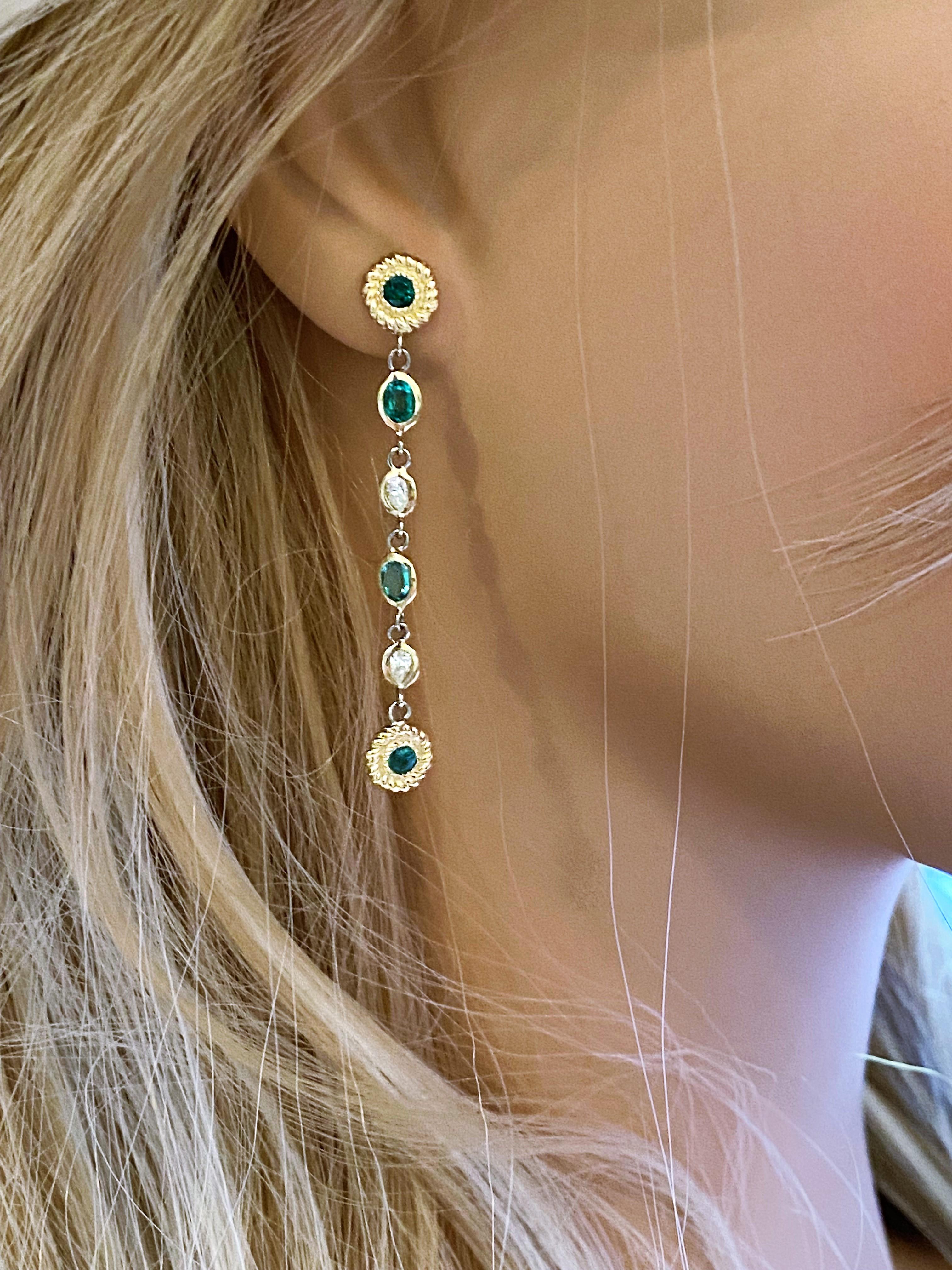 Contemporary Emeralds Pear Round Diamonds Braided Interlocking Yellow Gold Earrings 