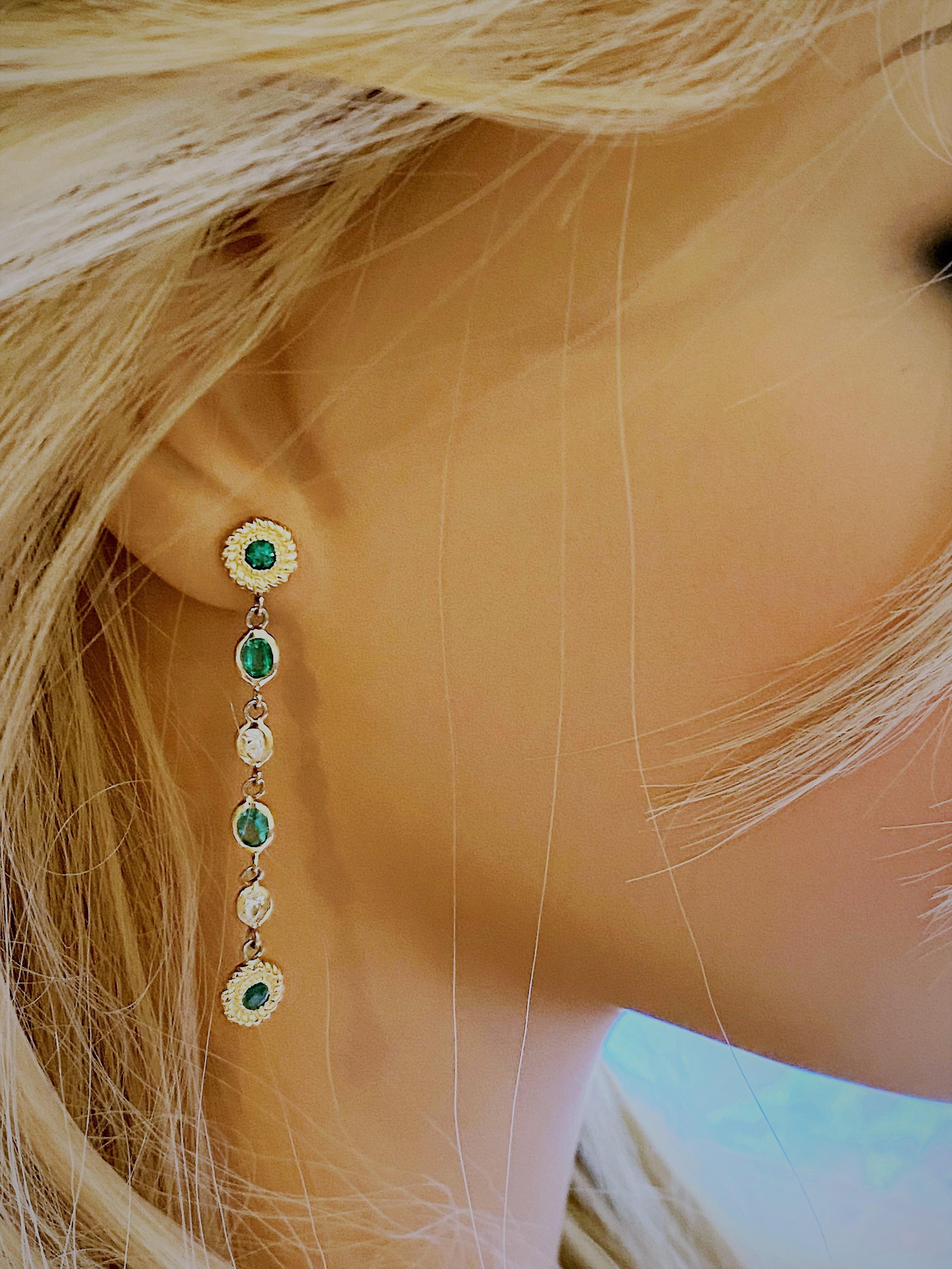 Emeralds Pear Round Diamonds Braided Interlocking Yellow Gold Earrings  In New Condition In New York, NY