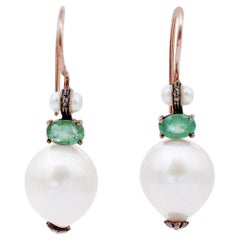 Emeralds, Pearls, Diamonds, 9 Karat Rose Gold and Silver Earrings