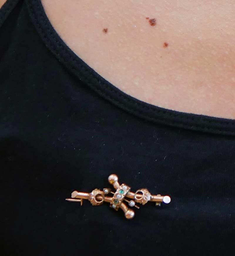 Émeraudes, perles, broche en or rose Bon état - En vente à Marcianise, Marcianise (CE)